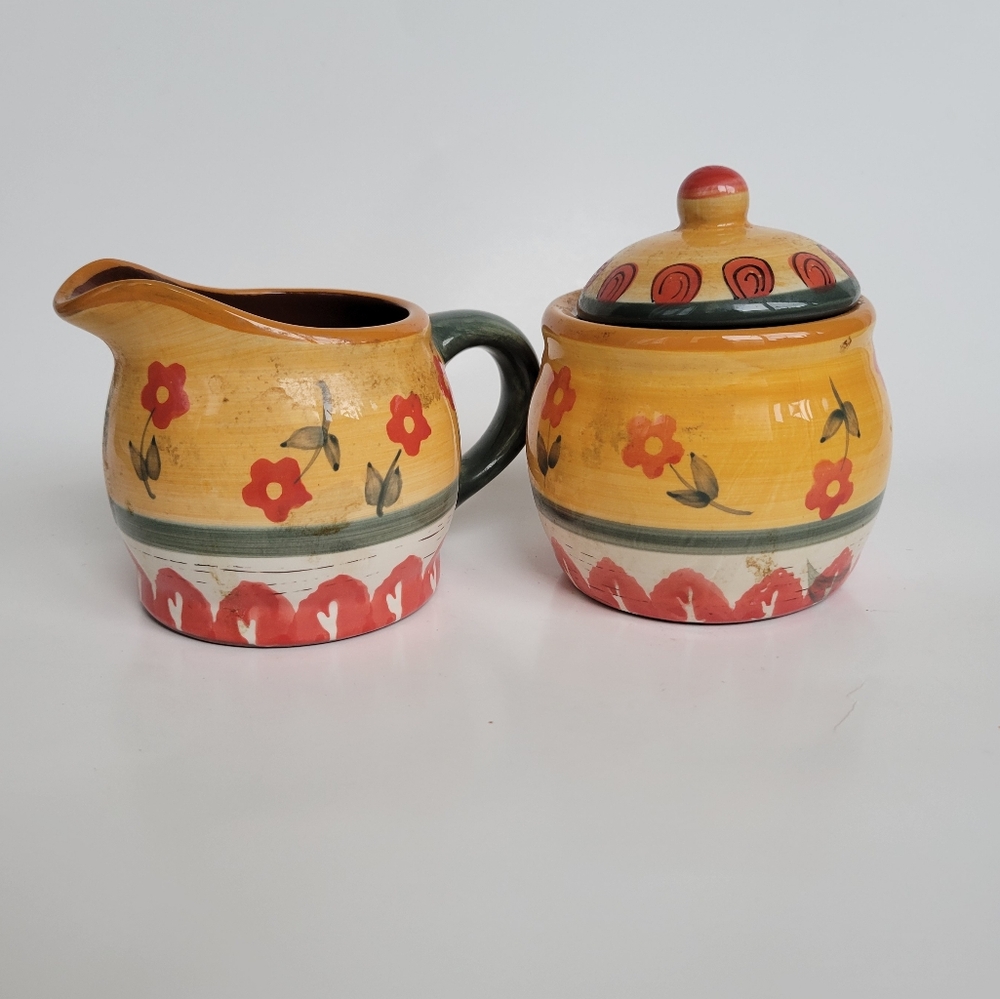Garden Path Ceramic Cream  & Sugar Set Hand Painted Botanic Folk Art Red Flowers